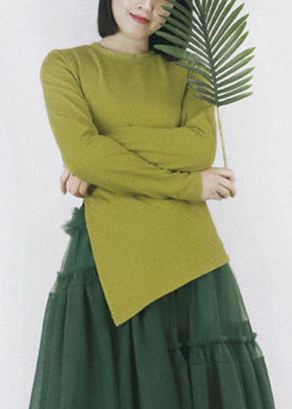 Slim Fit Green Color O-neck Asymmetrical Design Cotton Top Long Sleeve