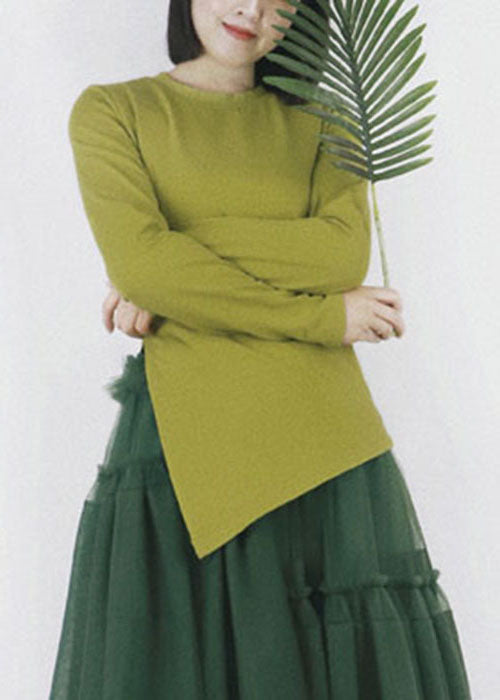 Slim Fit Green Color O-neck Asymmetrical Design Cotton Top Long Sleeve