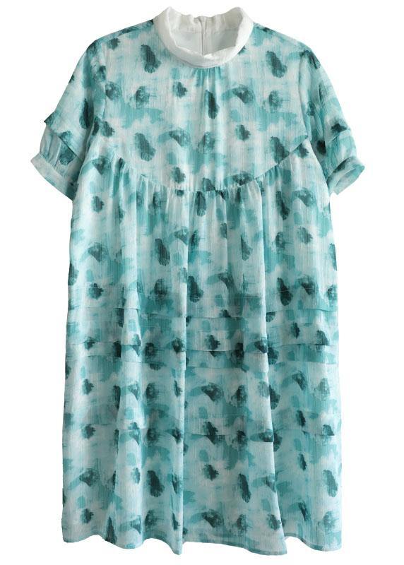 Green Peter Pan Collar Print Summer Cotton Dress Short Sleeve