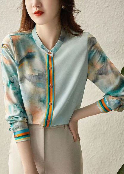 Blue Print Button Silk Blouses Spring