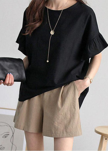 Khaki Oversized Patchwork Ruffles Cotton Tank Tops Summer