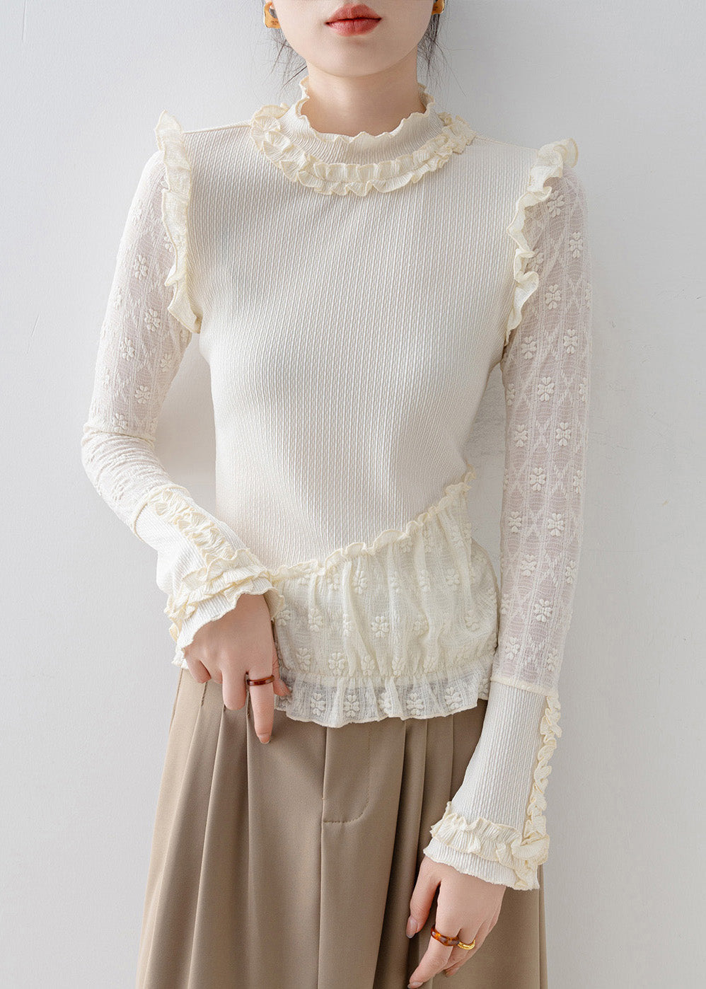Beige Ruffled Jacquard Lace Blouses Spring