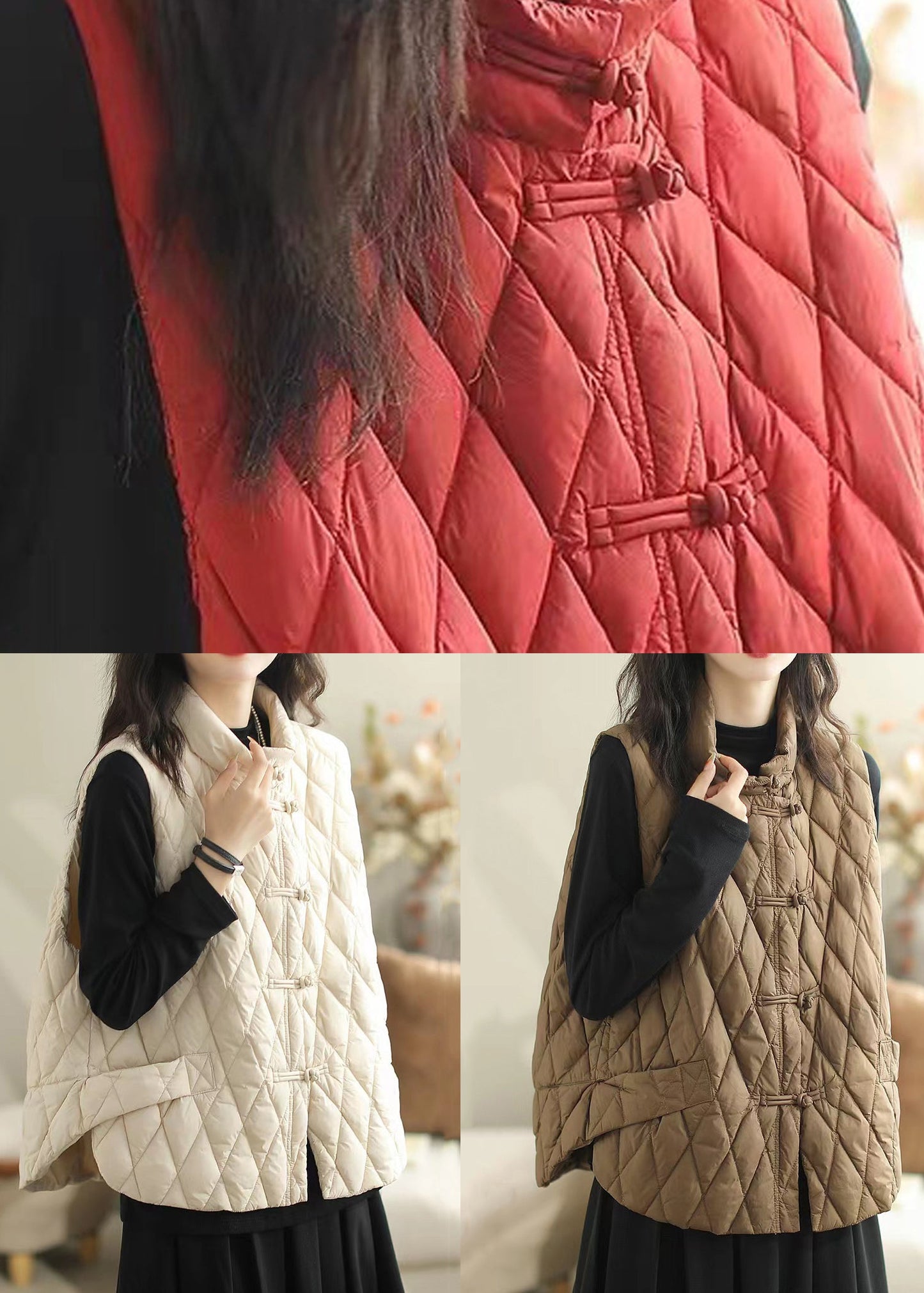Coffee Button Pockets Patchwork Cotton Filled Waistcoat Sleeveless