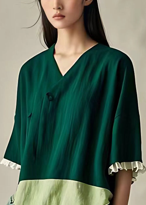 Green Ruffled Patchwork Cotton Shirts Half Sleeve