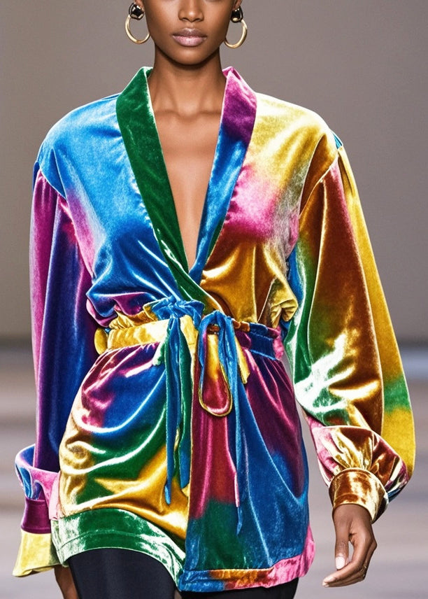 Gradient Color Cinched Silk Velour Blouse Tops Fall