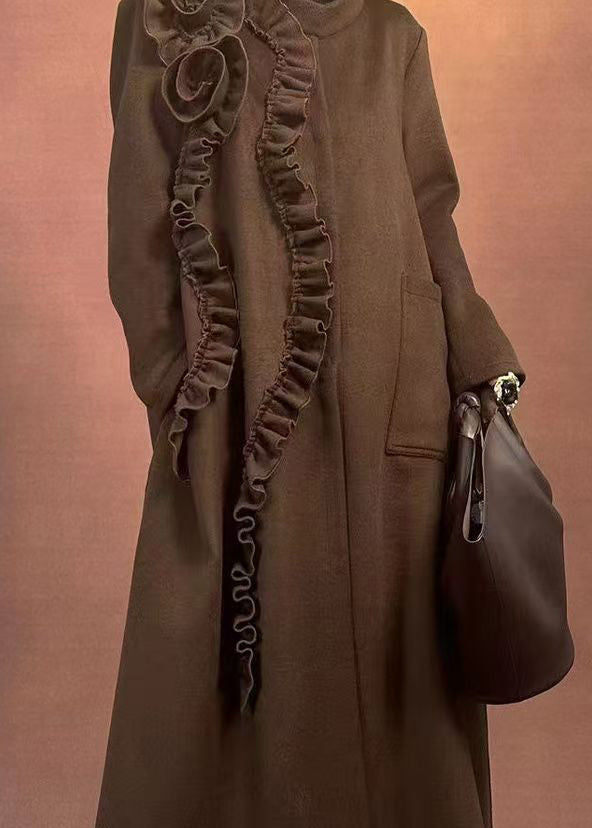 Fine Coffee O-neck Ruffled Patchwork Pockets Woolen Long Coats Winter