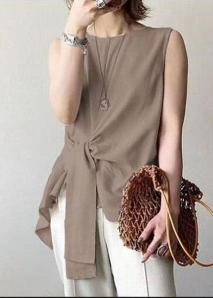 Beige Asymmetrical Design Slim Fit Cotton Tops Sleeveless