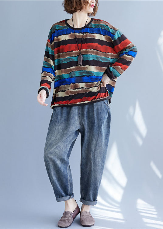Simple Multicolour Striped O-neck Oversized Cotton Sweatshirts Tracksuits Spring