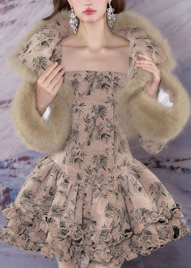 Khaki Fur Collar Print Coats and Mid Dress Two-piece Set Winter