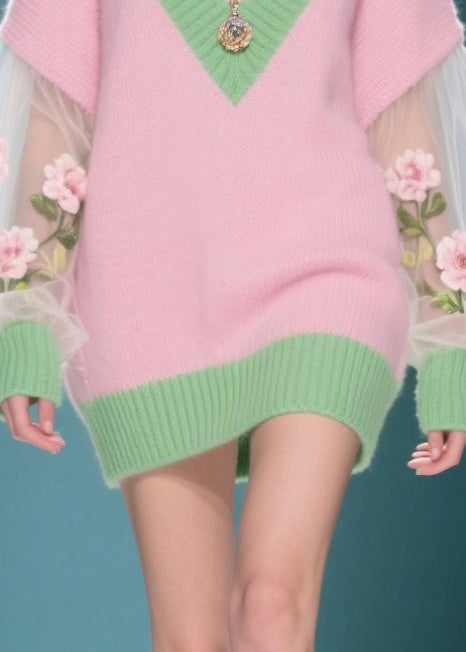 Pink V Neck Patchwork Tulle Sweater Dress Winter