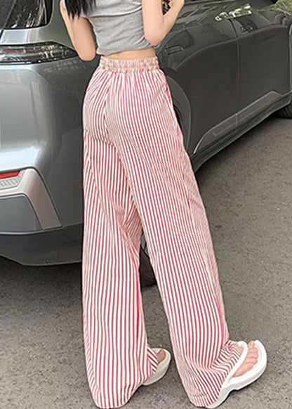 Pink Lace Up Pockets Cotton Pants High Waist Summer