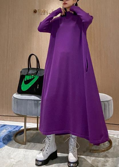 Christmas Purple Sweater Weather High Neck Large Hem Tunic Fall Knit Dress