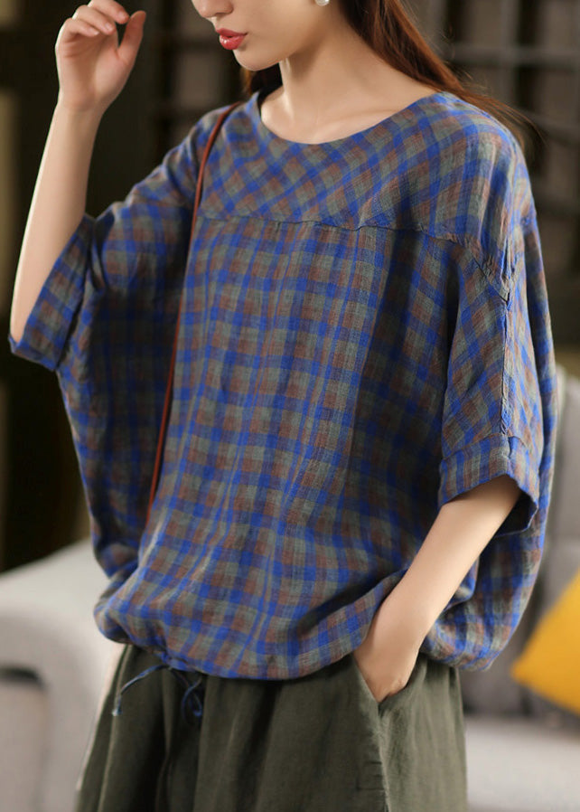 Blue O Neck Plaid Patchwork Linen Top Summer