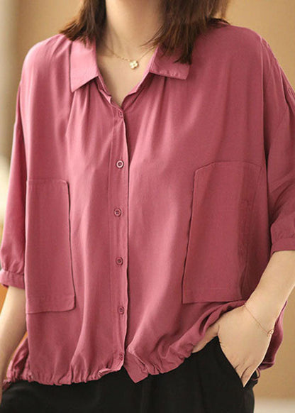 Rose Peter Pan Collar Drawstring Pockets Shirt Top Bracelet Sleeve