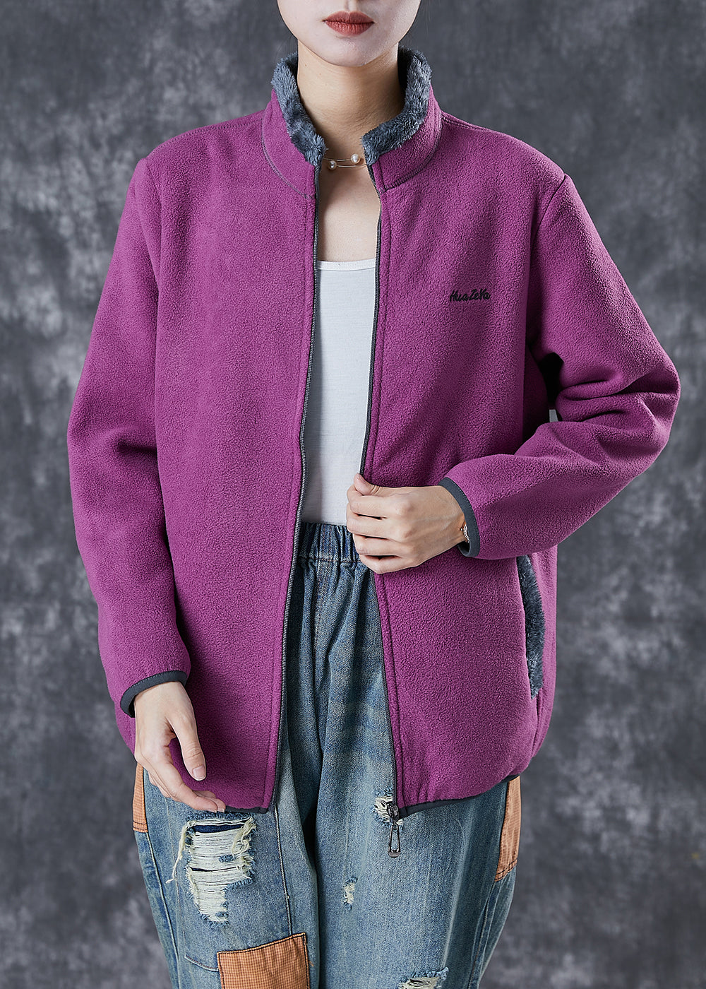 Purple Warm Fleece Jackets Embroideried Winter