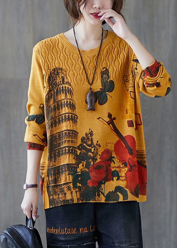 Fitted Yellow O-neck Loose Print Fall Knit Sweaters