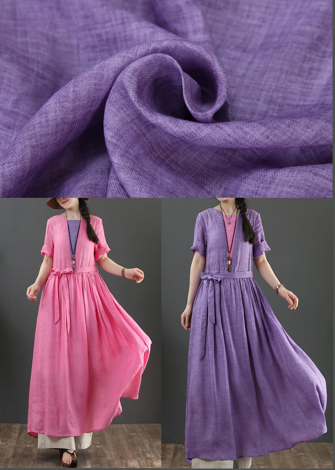 Loose Purple Patchwork Bow Summer Linen Dress