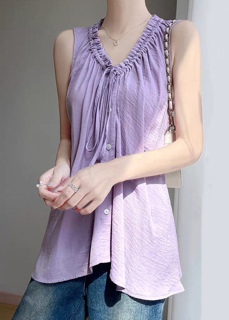 Purple Lace Up Cotton Blouses Ruffled Summer