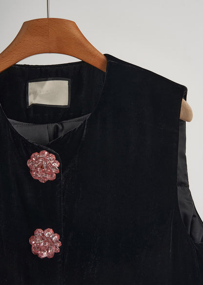 Modern Black Flower Decorated Patchwork Silk Velvet Vests Sleeveless
