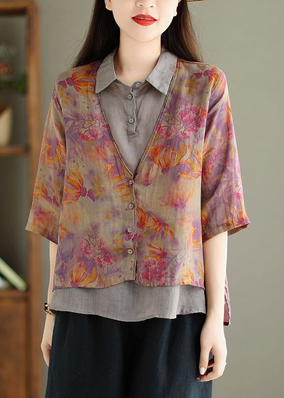 Green Print False Two Pieces Linen Shirt Half Sleeve