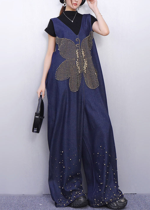 Sparkling Insect Motif Navy Denim Jumpsuits Urban Stance