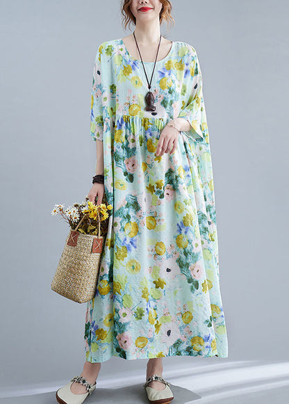 Green Oversized Print Cotton Maxi Dresses Summer