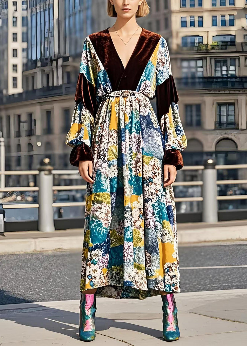 Boutique V Neck Patchwork Print Silk Velour Holiday Dress Spring