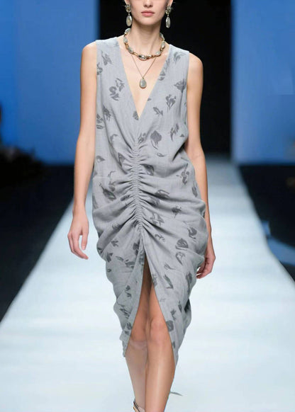 Grey Wrinkled Side Open Cotton Tea Dress Summer
