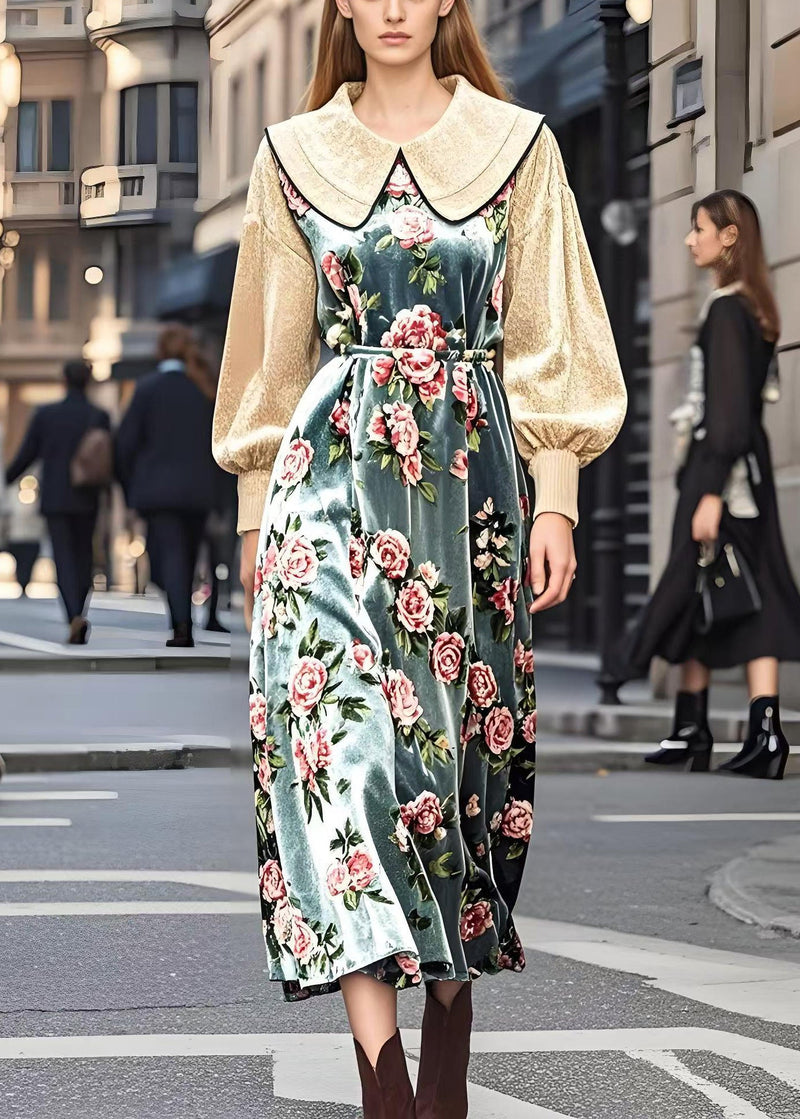 Beige Peter Pan Collar Patchwork Silk Velour Dresses Spring