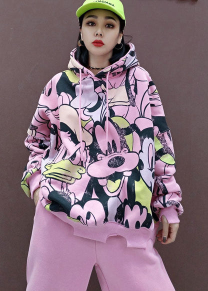 Pink Animal Print Warm Fleece Two Pieces Set Drawstring Spring