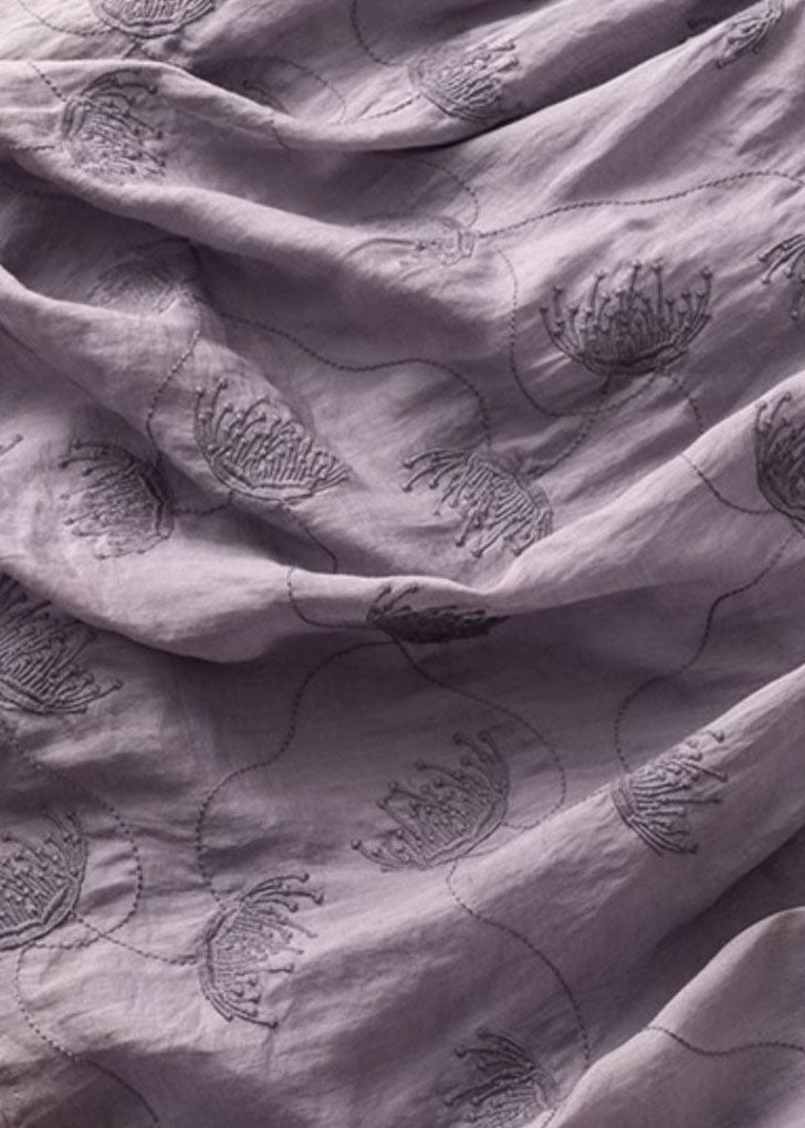 Purple O-neck Embroideried Patchwork Linen Dress Summer