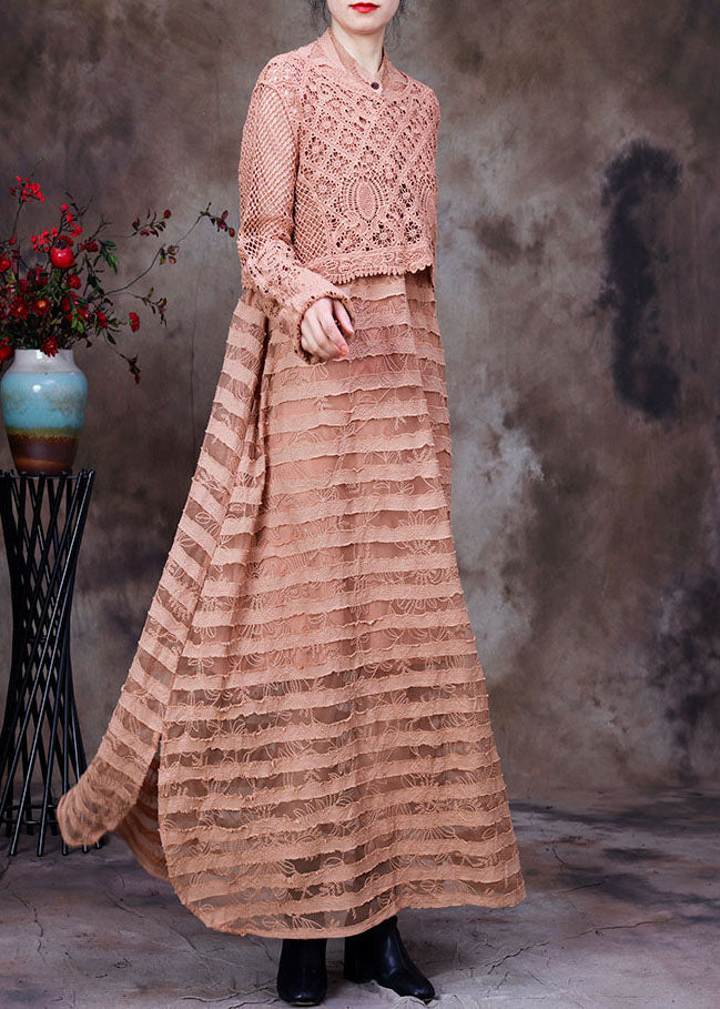 Khaki Hollow Out Side Open Dresses Two Pieces Set Spring