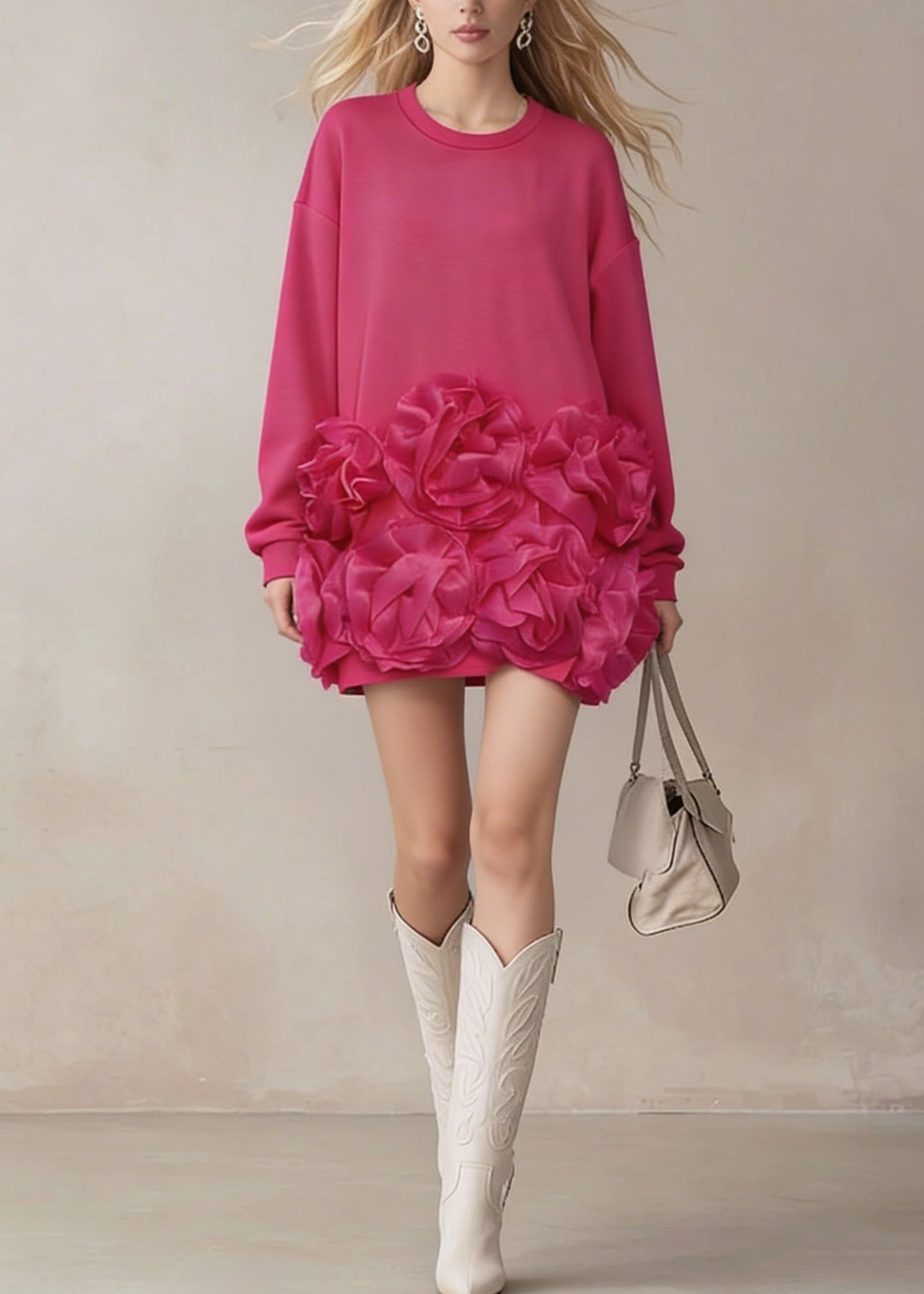 Rose O Neck Cotton T Shirt Dress Spring