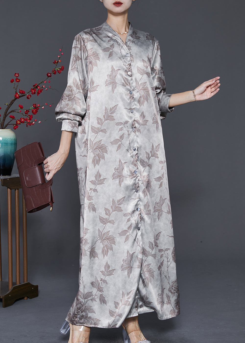 Apricot V Neck Print Silk Maxi Dresses Spring
