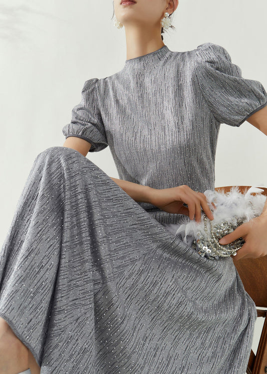 Grey Turtleneck Top and Maxi Skirts Two Pieces Set Puff Sleeve