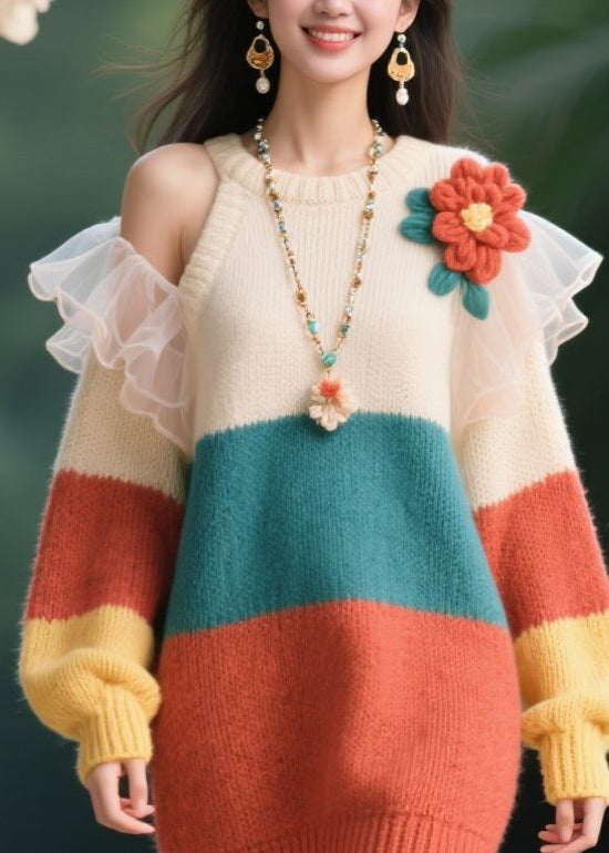 O-neck Cold Shoulder Knit Sweater Dresses Fall