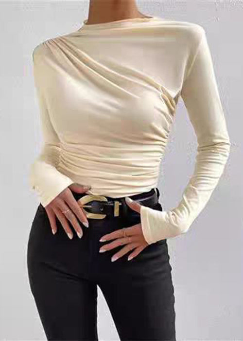 Slim Fit Beige Wrinkled Cotton T Shirts Spring