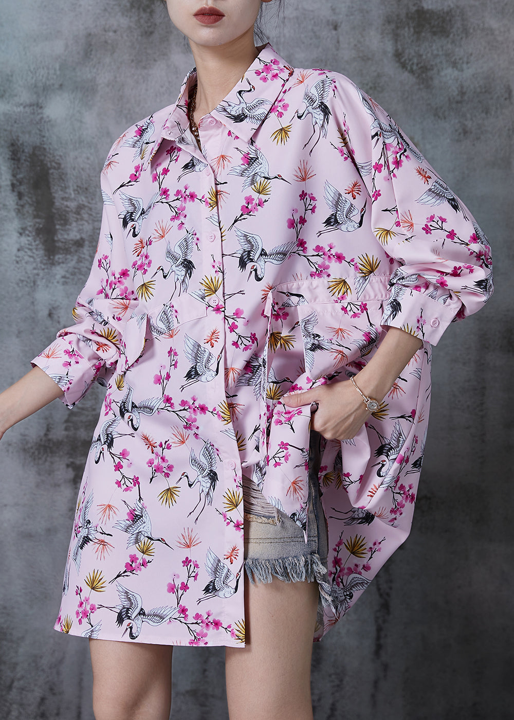 Pink Oversized Red-crowned Crane Print Cotton Blouses Fall