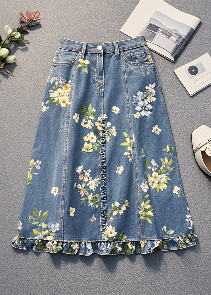 Blue Ruffled Print Denim Skirt Spring