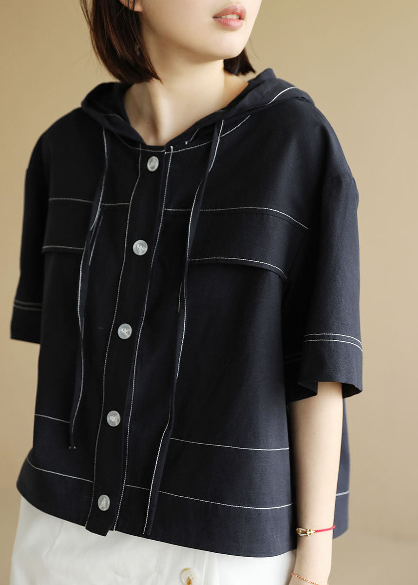 Navy Drawstring Hooded Cotton Short Coat Half Sleeve