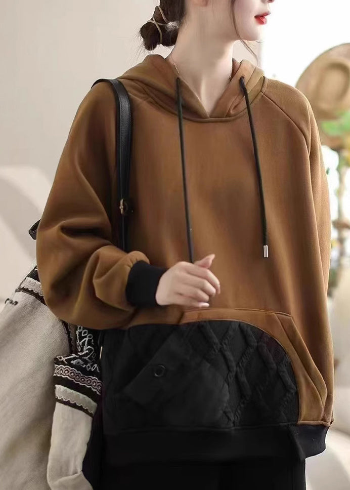 Coffee Pockets Patchwork Warm Fleece Pullover Spring