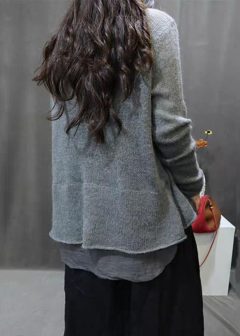 Simple Grey Asymmetrical Patchwork Cotton Knit Tops Long Sleeve Fall