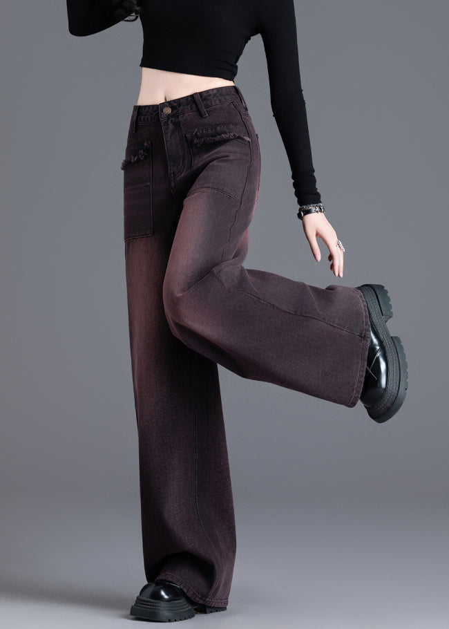 American Style Red Black High Waisted Warm Fleece Denim Wide Leg Pants Spring