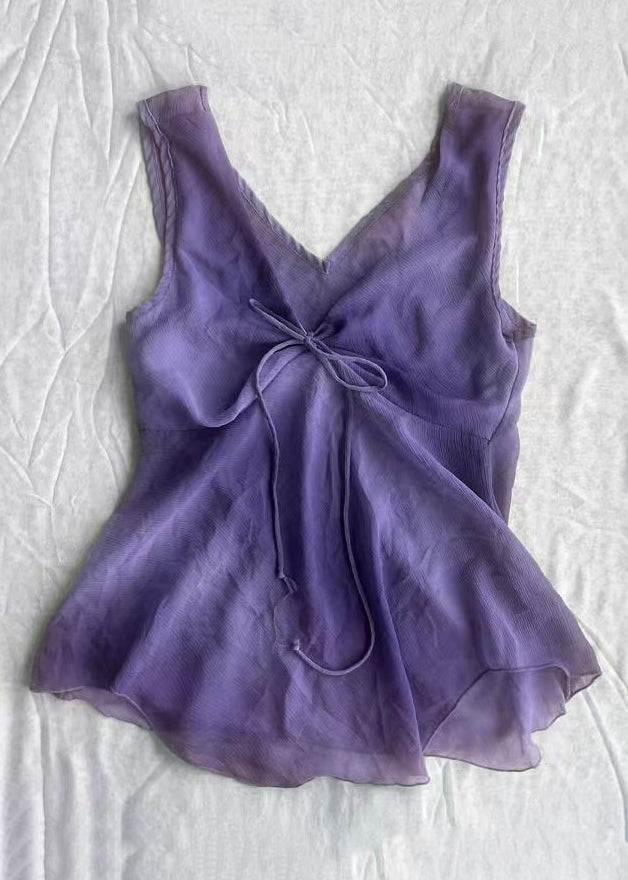 Simple Purple V Neck Lace Up Cotton Tank Sleeveless