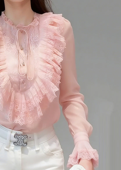 Pink Ruffled Patchwork Button Silk Shirts Flare Sleeve