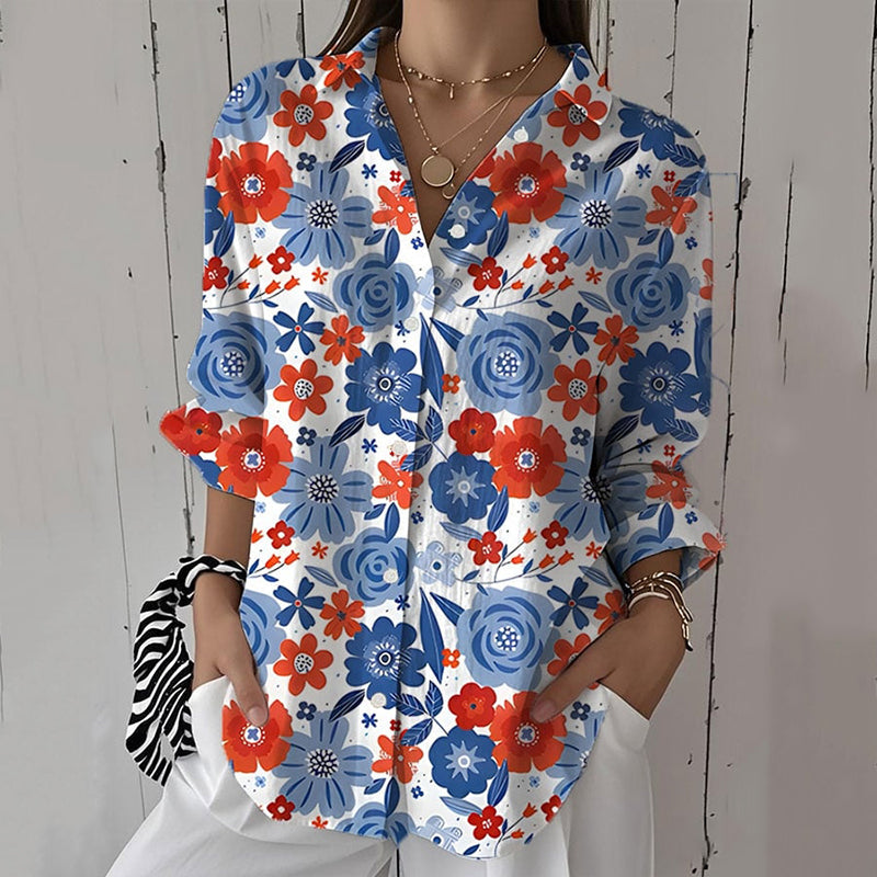 Women's Vintage Casual Independence Day Patriotic Floral Print Shirt artswardrobe
