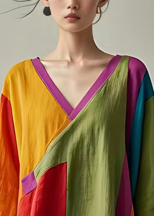 Yellow Asymmetrical Patchwork Linen Tops Bracelet Sleeve