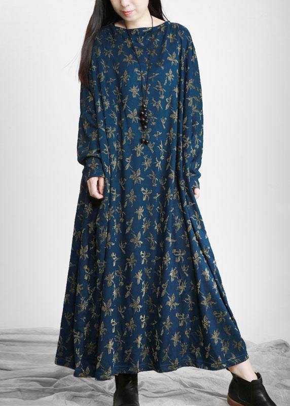 Handmade Blue Print Long Sleeve Fall Dress