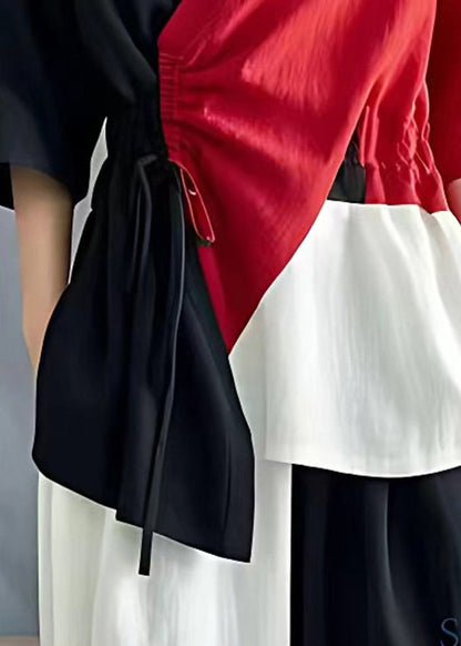 Boutique Colorblock Asymmetrical Patchwork Cinched Linen Tops Summer