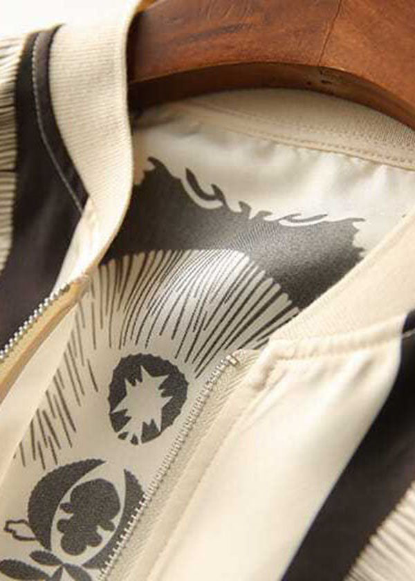 Beige V Neck Zippered Patchwork Print Silk Coat Spring